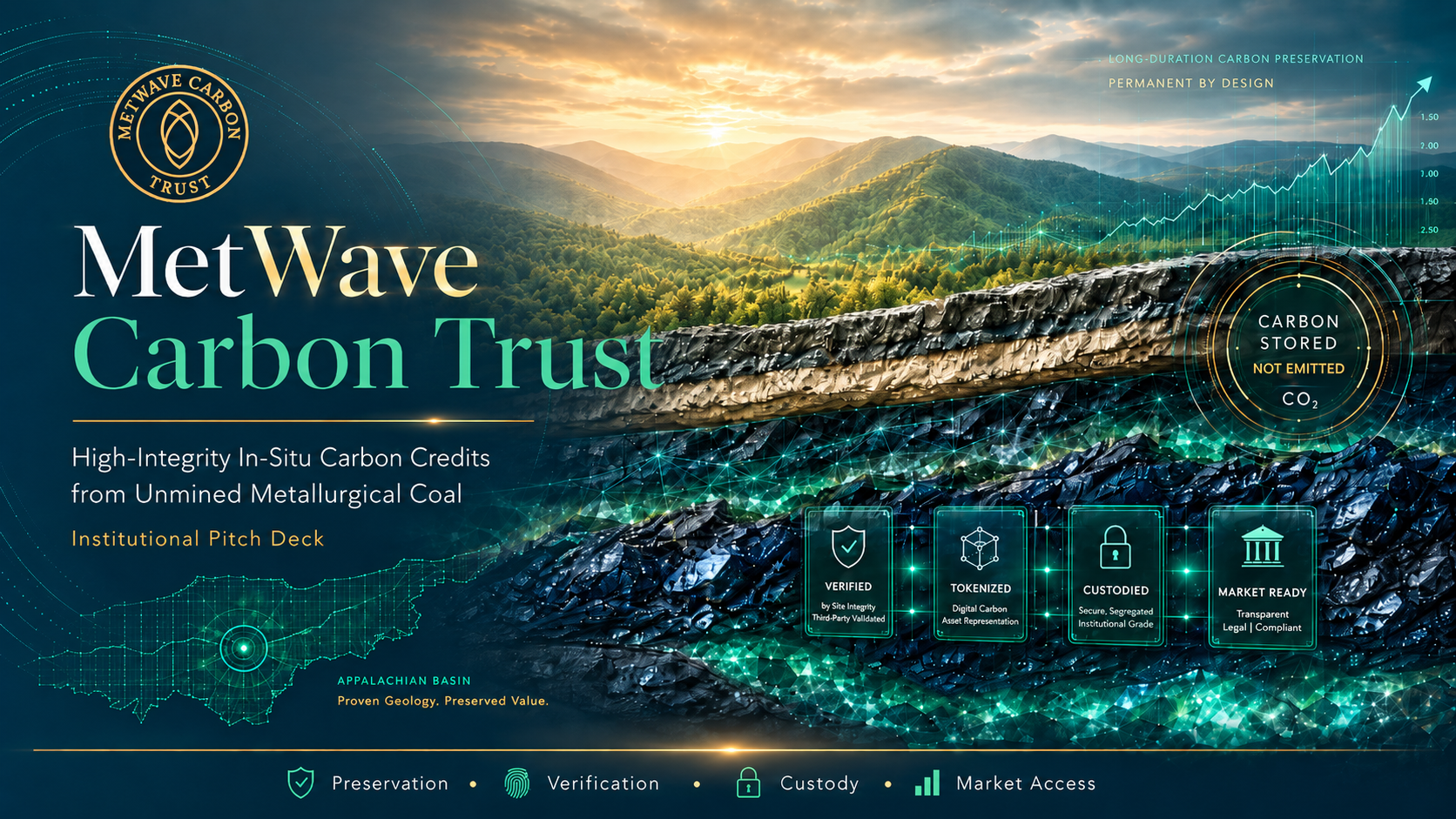 MetWave Carbon Trust — High-Integrity In-Situ Carbon Credits from Unmined Metallurgical Coal. Institutional Pitch Deck.